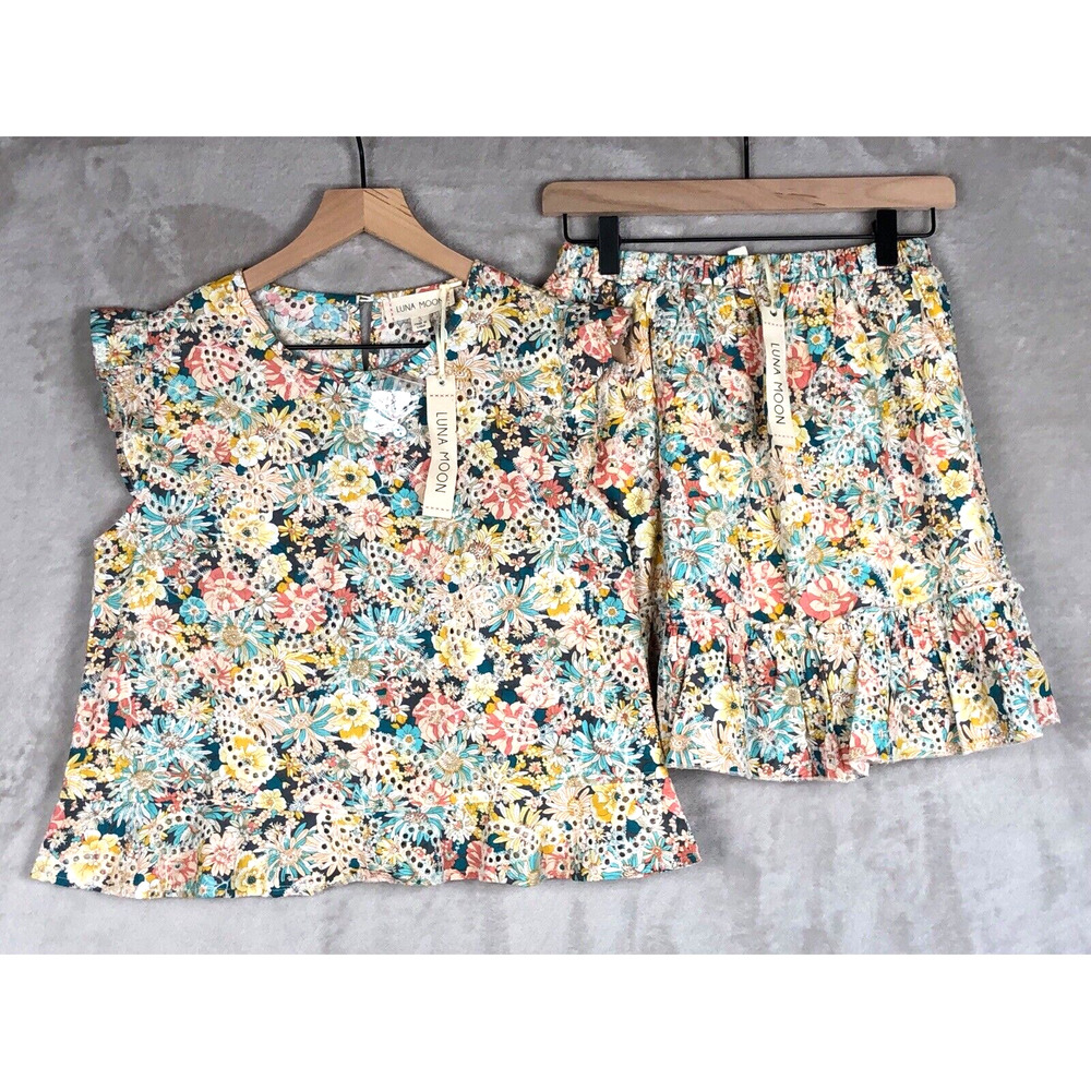 NWT LUNA MOON Top & Skirt Set Sz S Ruffle Floral Eyelet Crop‎ Boho Fairy Cottage